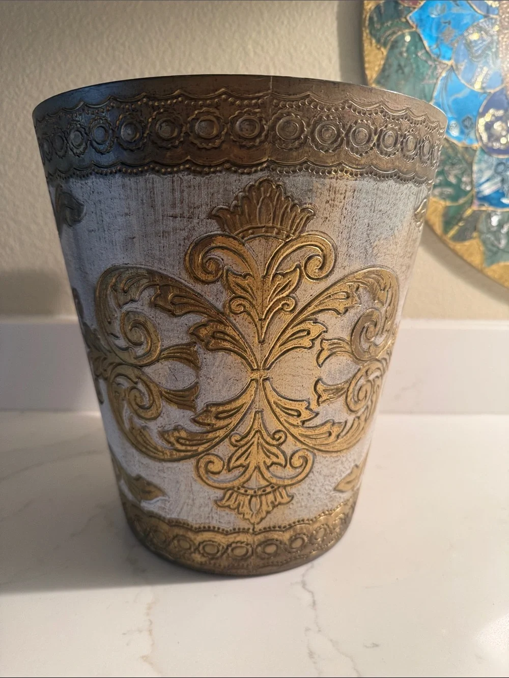 Vintage Italian Gilt Gold and White Embossed Waste Basket
